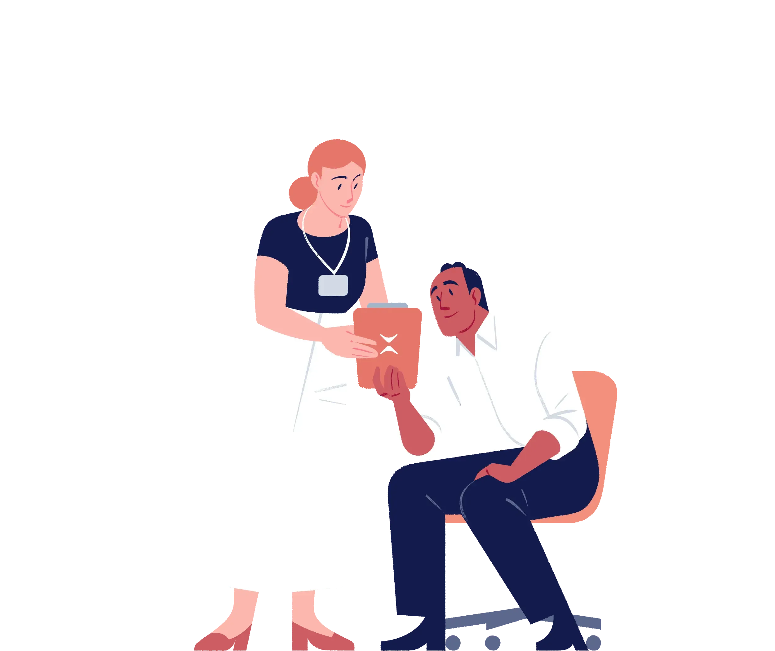 Two health professionals looking at clipboard