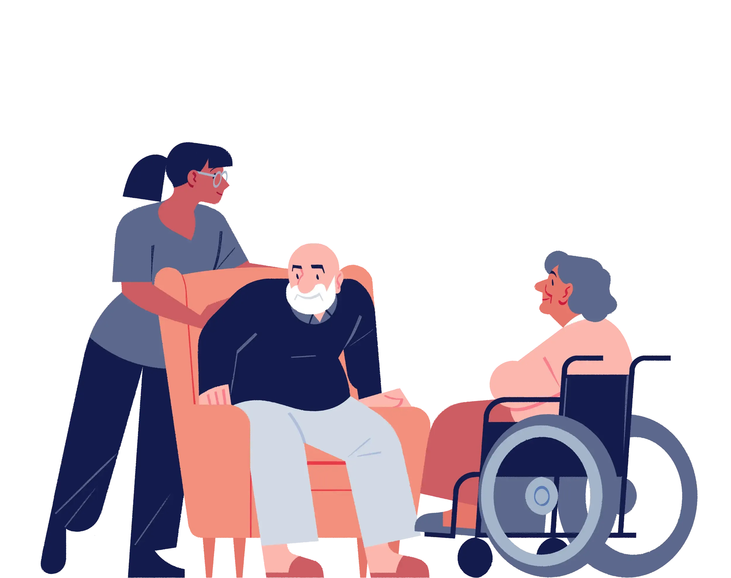 Carer assisting elderly man with sitting down next to an older woman