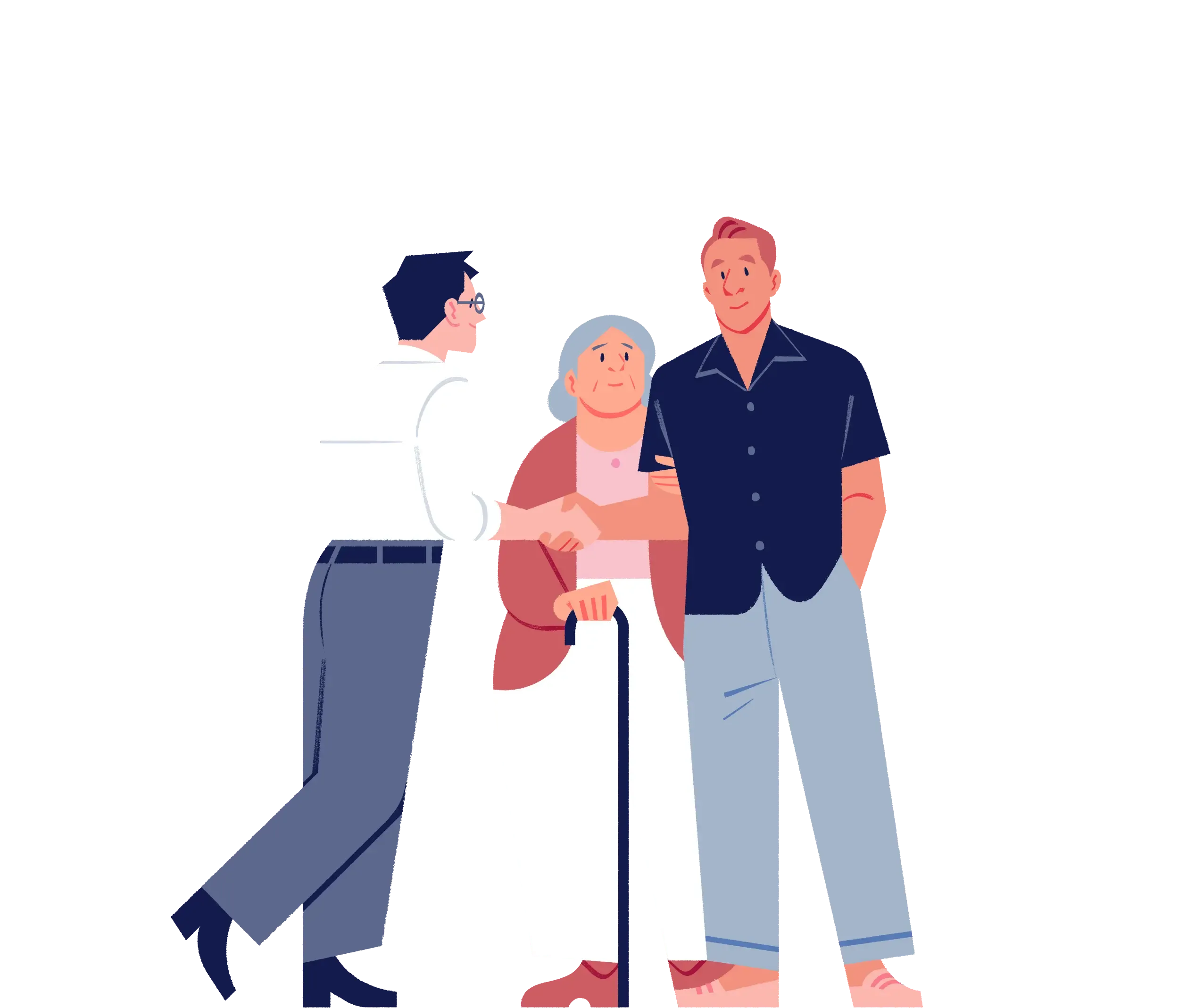 Health professional shaking hands with a man accompanied by his older relative