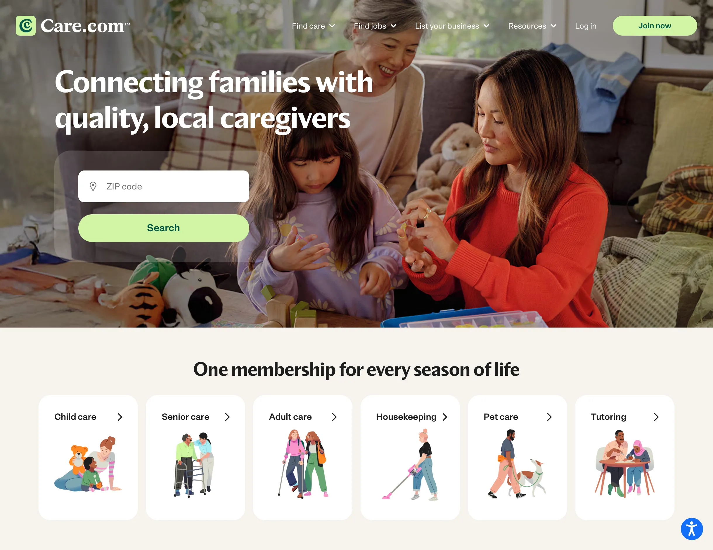 A screenshot of the Care.com website and illustrations in situ
