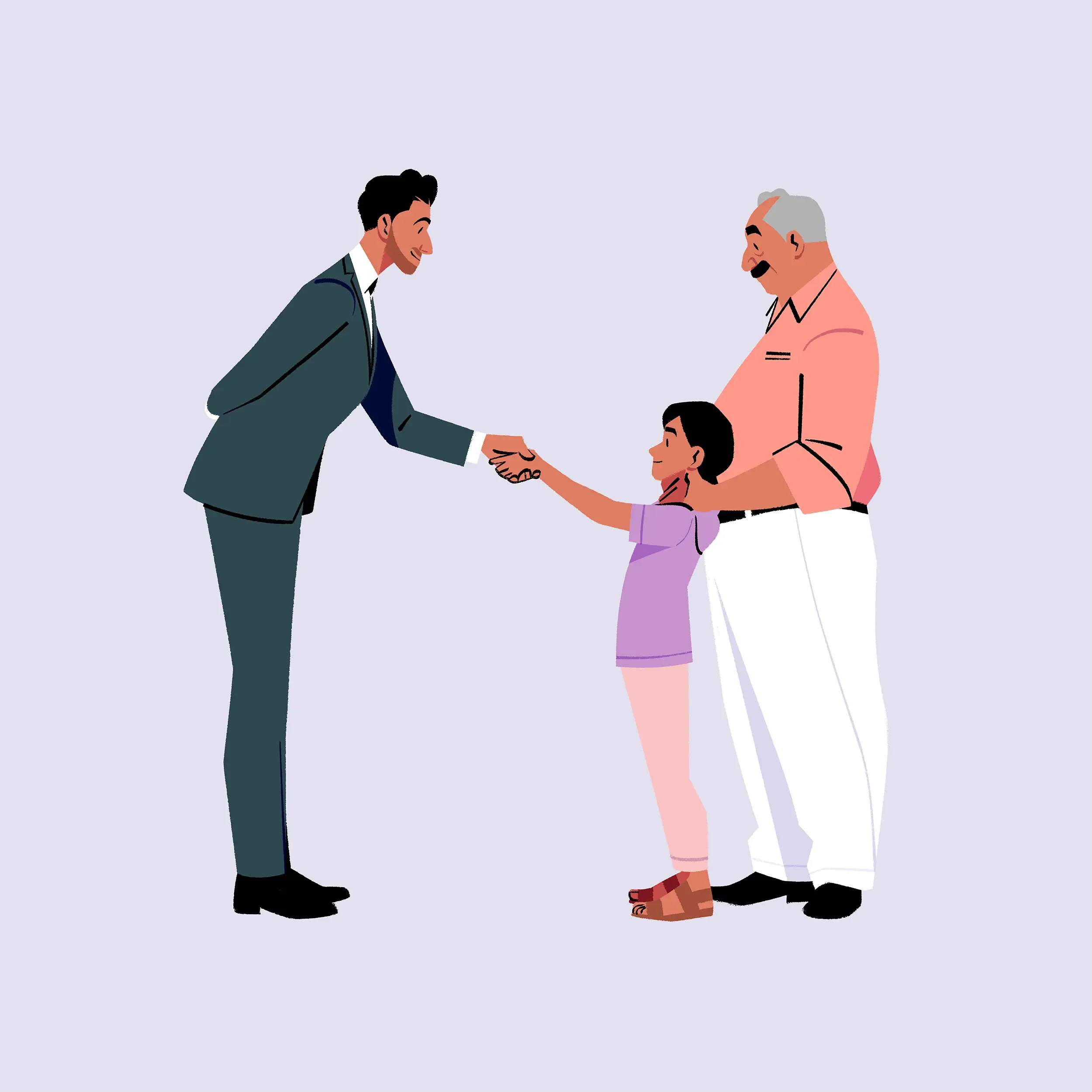Man greeting a boy and his grandfather