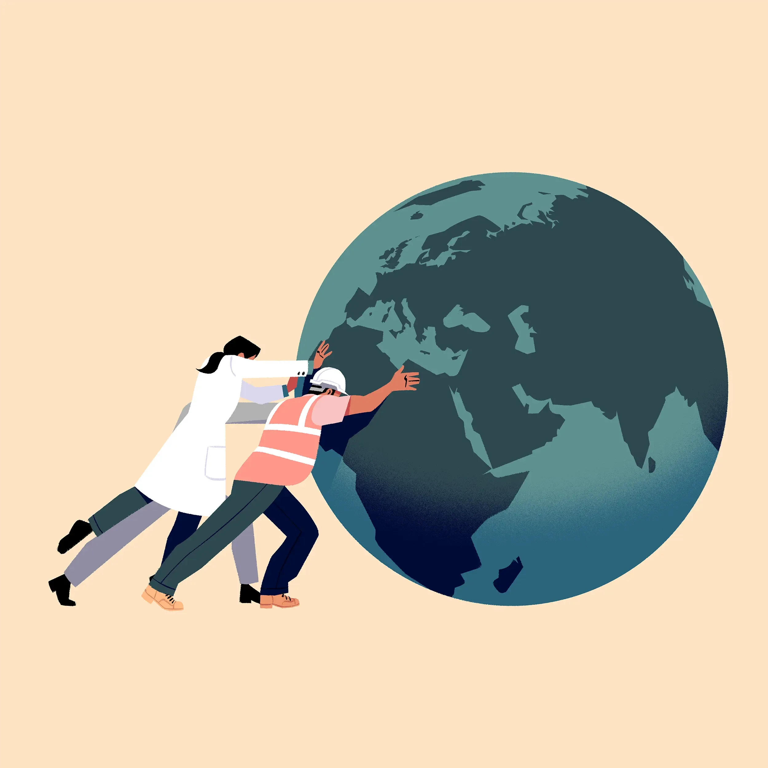 Team pushing a globe