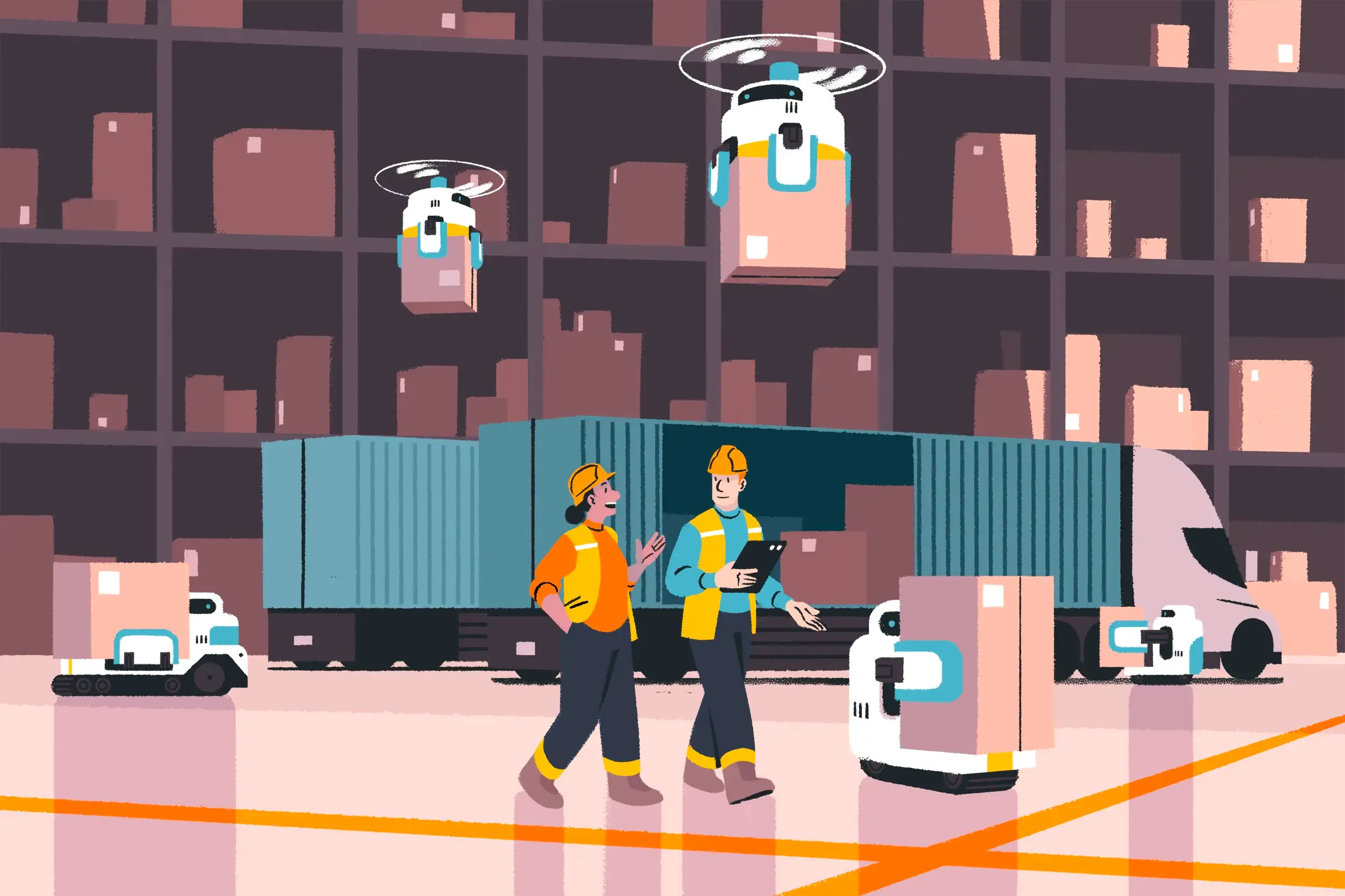 Two coworkers walking through a futuristic factory environment
