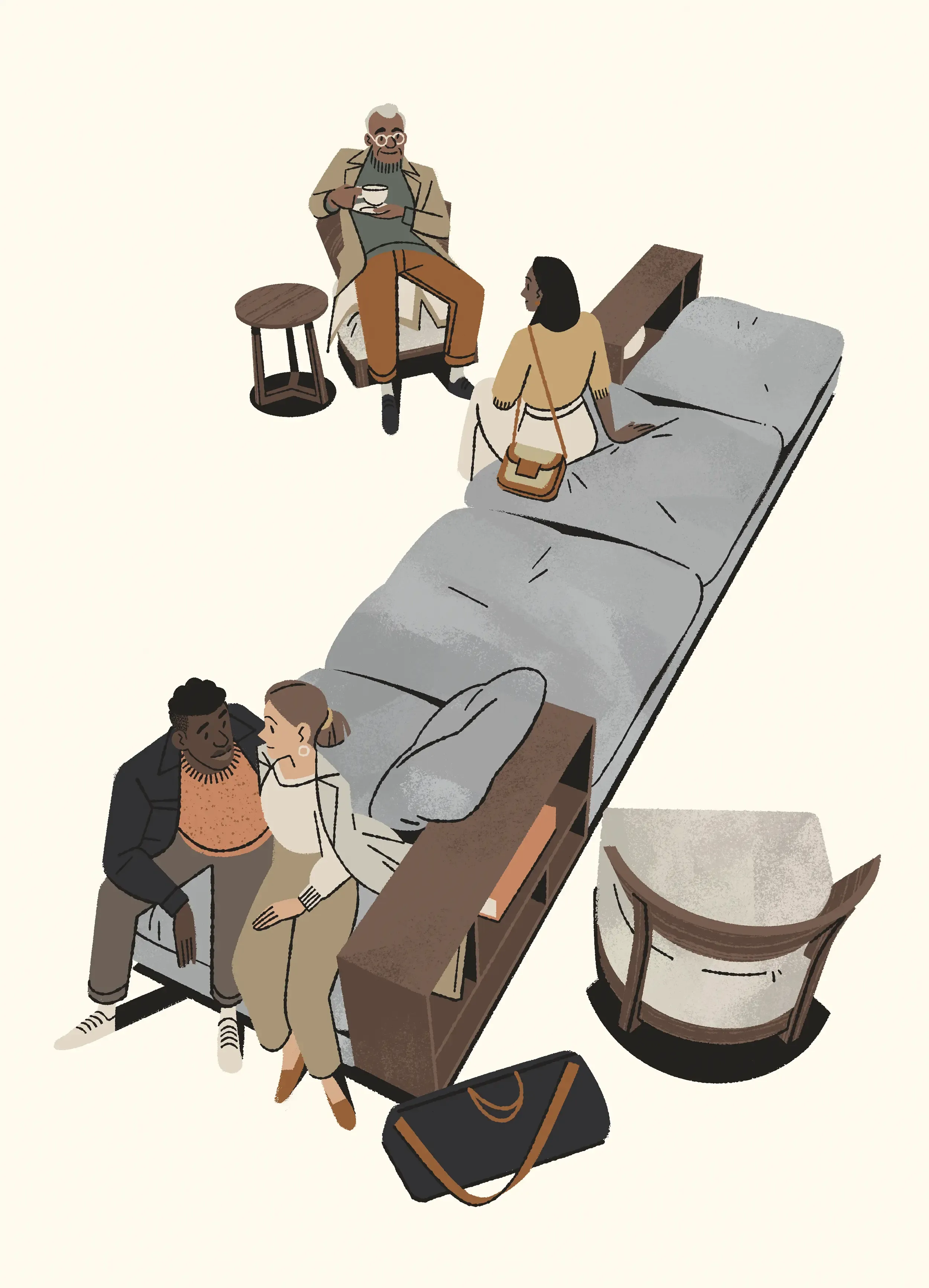 Hotel guests on a Flexform sofa