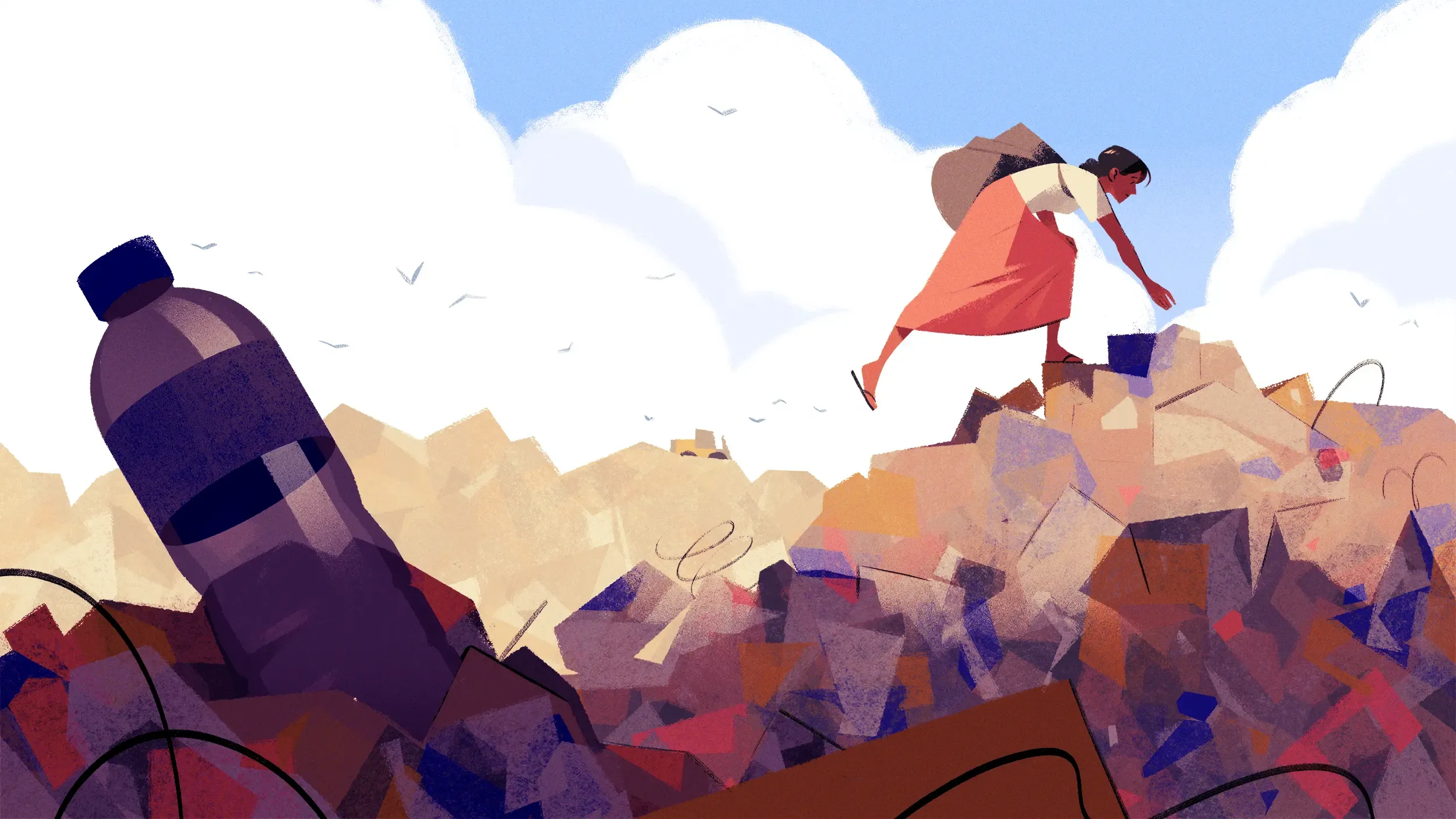 Amiyna, a waste picker on top of a pile of plastic