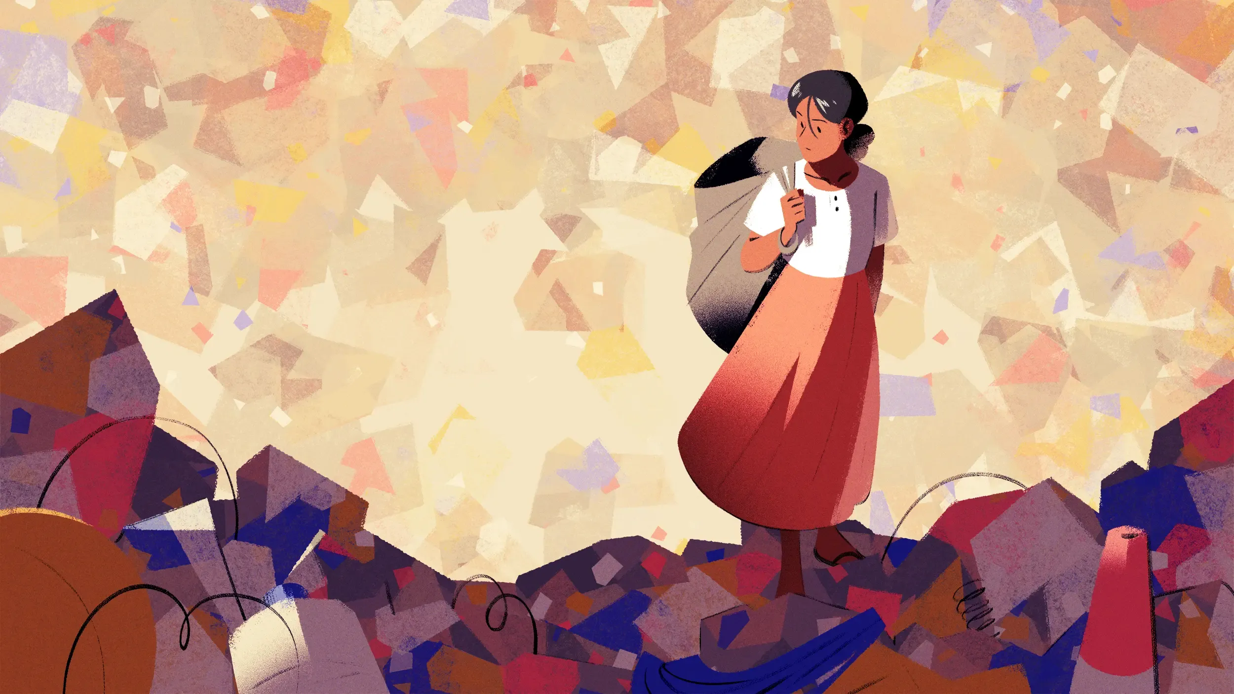 Amiyna standing in front of a pile of plastic